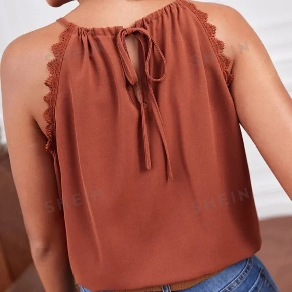 Frenchy Cut Out Tie Back Lace Trim Halter Top - Picture 5 of 8